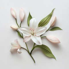 Delicate paper lily sculpture with intricate details in soft pastel colors on white background

