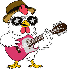 A cartoon chicken wearing sunglasses and a hat plays a pink guitar, exuding a fun and musical vibe.