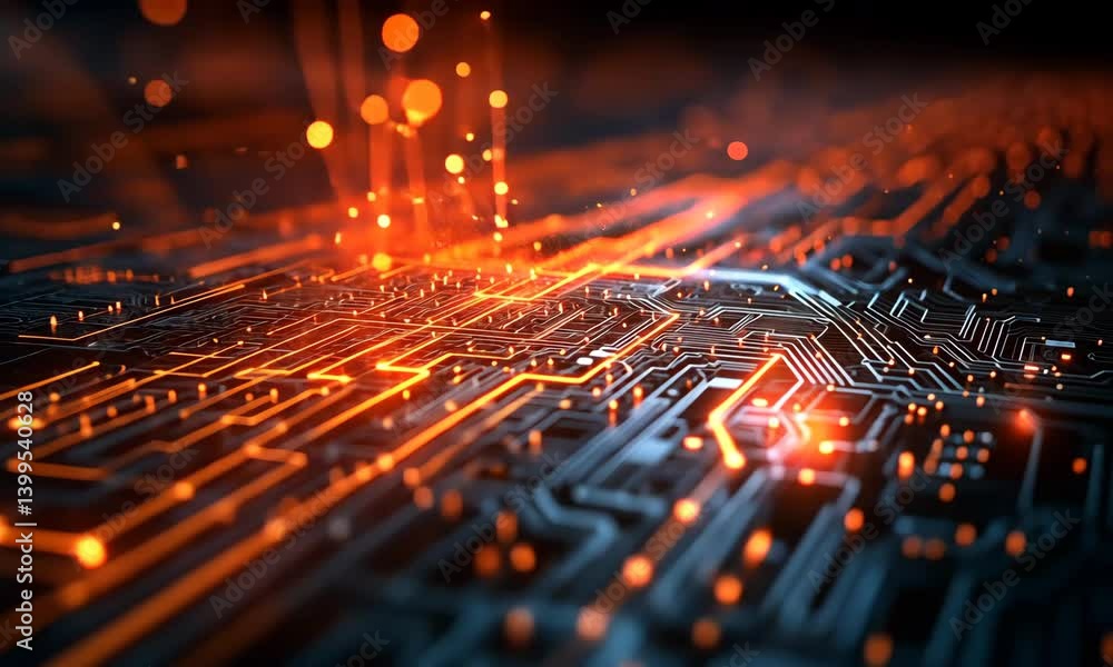 Poster advanced technology motherboard circuit animation background with glowing lights