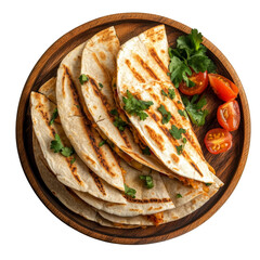 Deliciously grilled quesadilla slices served on a wooden plate with fresh tomatoes and cilantro, quesadilla on wooden plate, top view, isolated transparent background