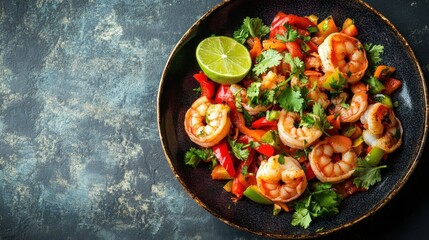 A vibrant fajita plate with shrimp, peppers, and onions, garnished with lime and cilantro 