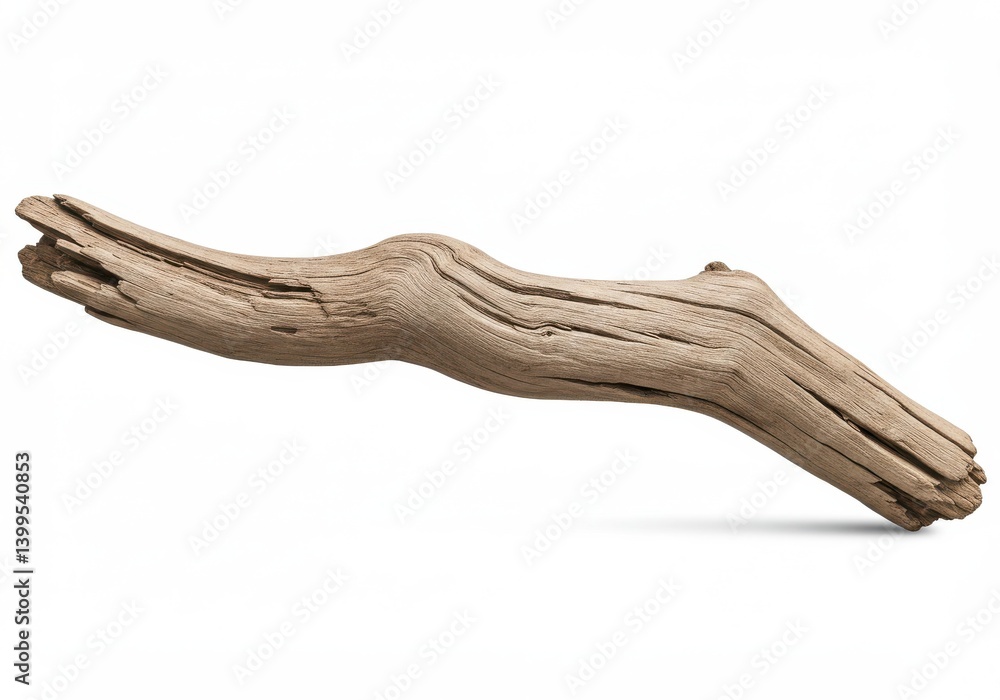 Poster isolated driftwood piece with visible grain patterns and weathered texture on a plain white backdrop