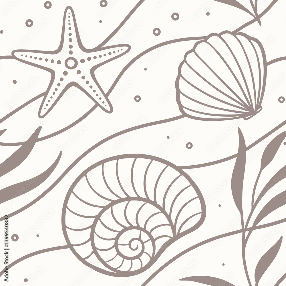 Poster seamless vector seamless pattern of seashells and starfish on a light background