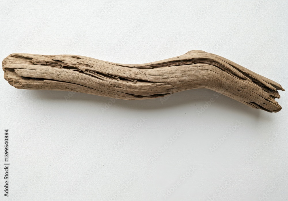 Poster a piece of driftwood with visible grain and texture lying on a plain white surface in a studio setti