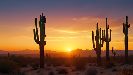 Desert Sunset with Cactus Silhouettes