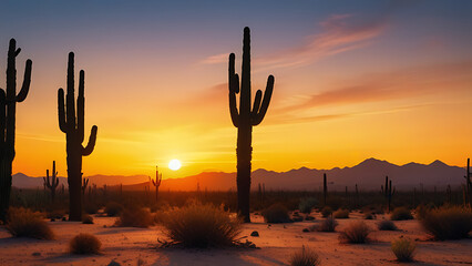 Desert Sunset with Cactus Silhouettes