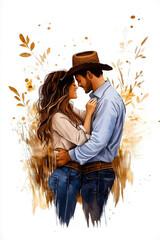 A watercolor illustration of a loving cowboy couple embracing closely, sharing a warm and intimate moment