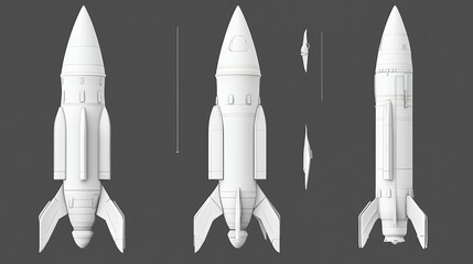 Multiple Angle View Of A Simple White Rocket