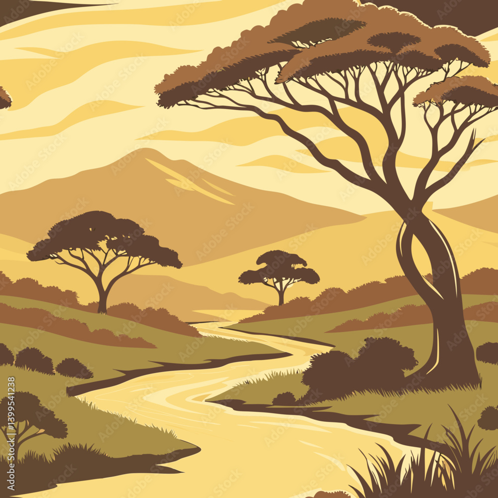 Poster vector seamless pattern of a tranquil landscape with trees