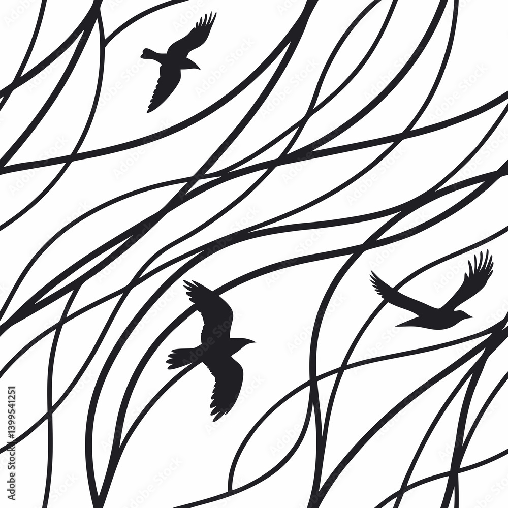 Poster seamless vector pattern of birds in flight with flowing lines