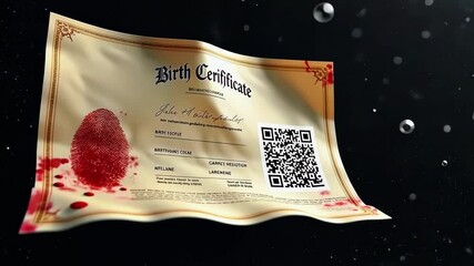 Birth certificate floating in water with a fingerprint and QR code, symbolizing identity verification