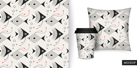 Seamless pattern with fishes. Abstract background with fish, made of geometric shapes in linear style. Repeating texture. Vector illustration. Design textile, paper, wallpaper, cloth. Mockup.