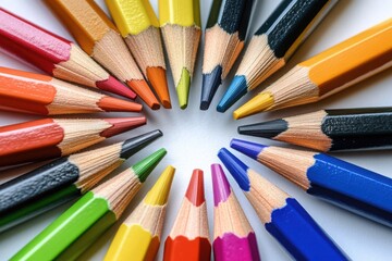 Fototapeta premium Arrangement of colored pencils forming a circle on white surface