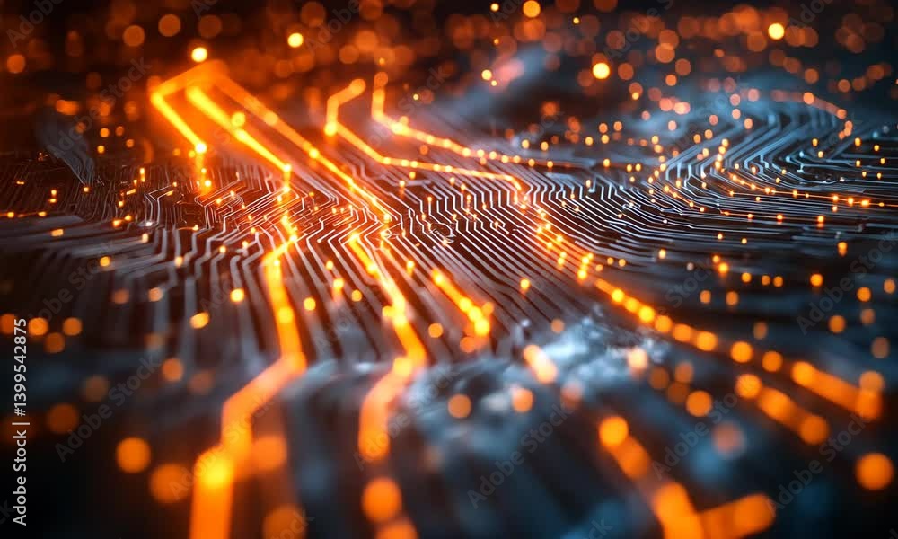 Poster abstract digital network with glowing orange lines representing data flow and connectivity