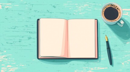 Open Notebook Pixel Art Style on Teal Wood Table