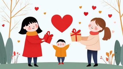 Fototapeta premium Cheerful Family Celebration with Gifts and Heart Icons in Nature