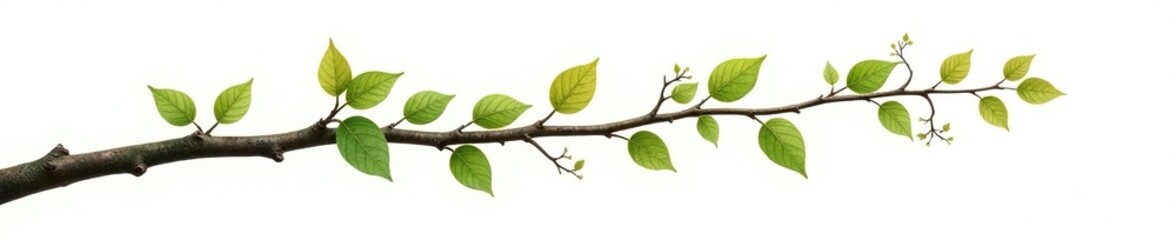 Naklejka premium A long branch stretching across the top of a white background, branch, leaves, twiggy