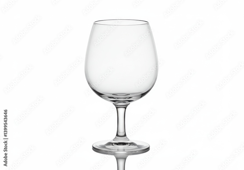 Poster a clear wine glass with a stem and a round base on a white background with a reflection seen below i