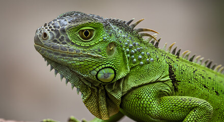 Close-up portrait of a vibrant green iguana resting on a branch, showcasing its textured skin and calm demeanor in natural light, highlighting the beauty of reptiles.