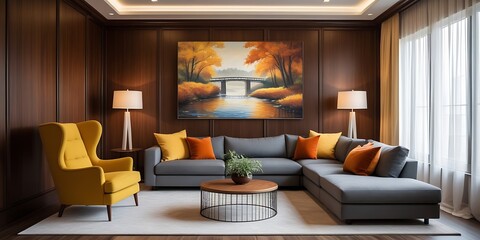 Elegant living space with gray sofa, yellow armchair, round coffee table, and soft lighting, decorated in fall colors, blending classic wood textures and contemporary design for comfort

