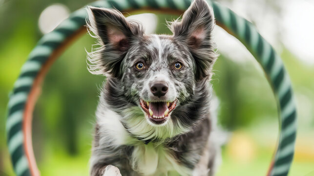 A fit and energetic dog running through an obstacle course hoop outdoors