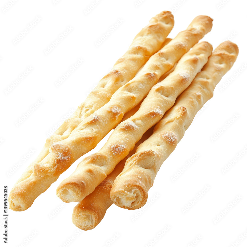 Poster goldenbrown breadsticks arranged neatly on a clean transparent background showcasing their twisted t