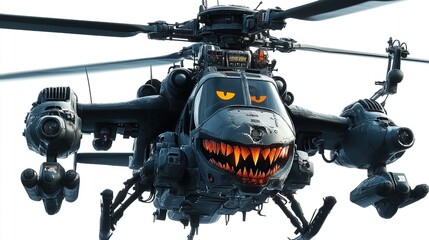 Cartoonish attack helicopter with scary face.