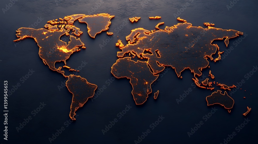 Poster a glowing world map design with illuminated borders against a dark background, symbolizing connectiv