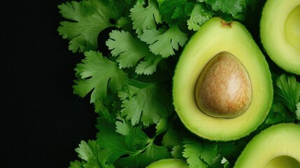 Fresh Avocado Halves on Green Cilantro Leaves with Dark Background