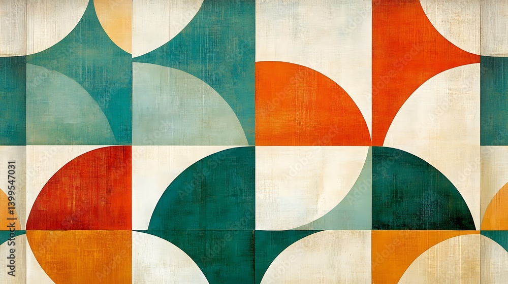 Poster abstract geometric pattern with colorful shapes in orange, teal, and cream tones on a textured backg
