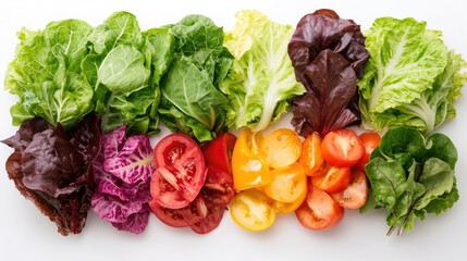 Fresh Assortment of Colorful Lettuce and Sliced Tomatoes on White