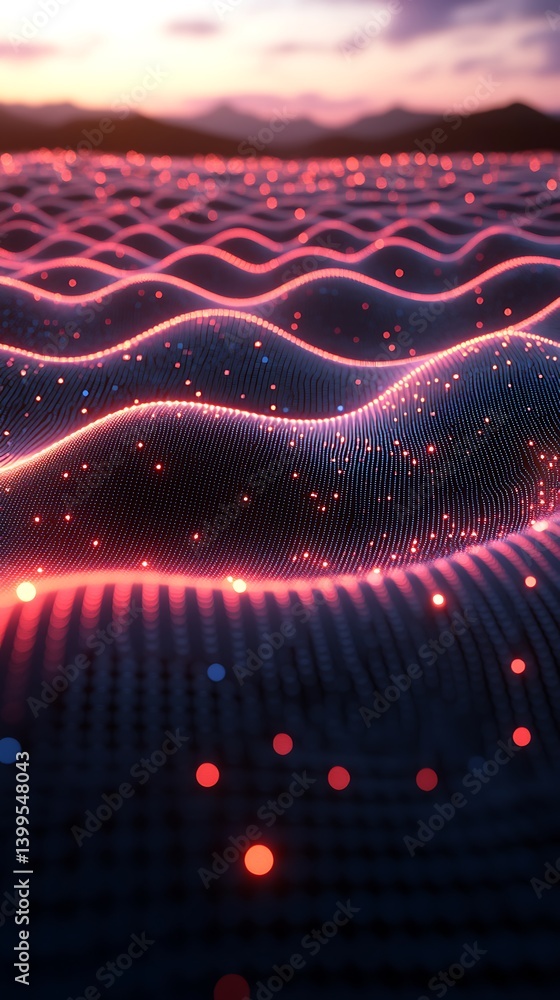 Poster glowing waves: an artistic display of interconnected waves, illuminated by radiant points of light, 