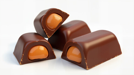 Obraz premium Chocolate candy pieces with Caramel filling, chocolate snack Isolated on white background 3d illustration.
