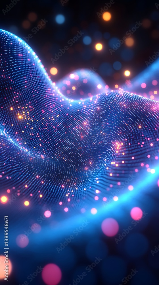Poster digital abstraction: a mesmerizing digital landscape of flowing, iridescent light particles and wave