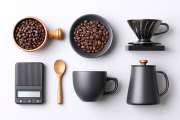 A minimalist flat lay of coffee essentials: beans, grinder, scale, dripper