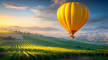 Obraz premium Hot air balloon soaring over vineyard at sunrise, idyllic landscape, travel adventure