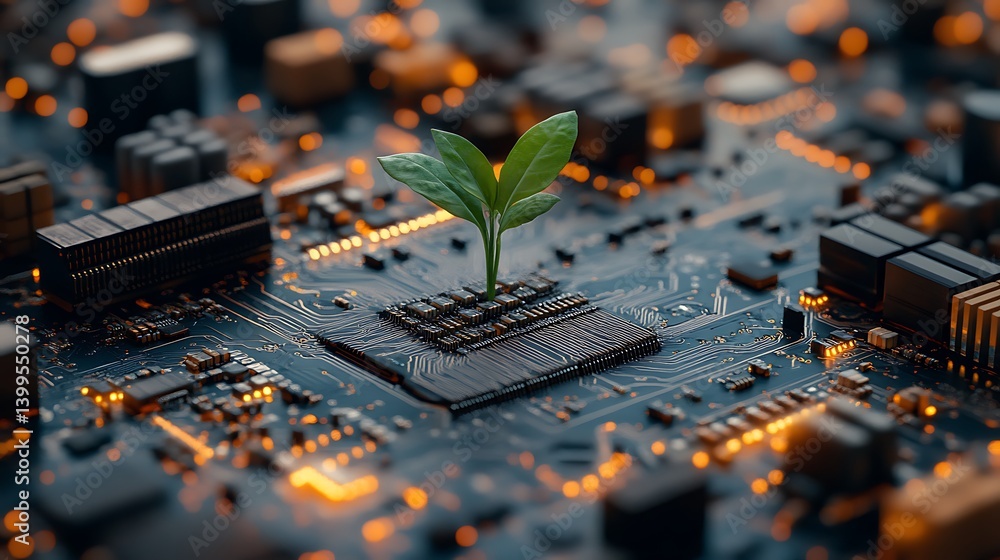 Poster growing technology: an artistic depiction of a plant sprouting from a computer microchip, symbolizin