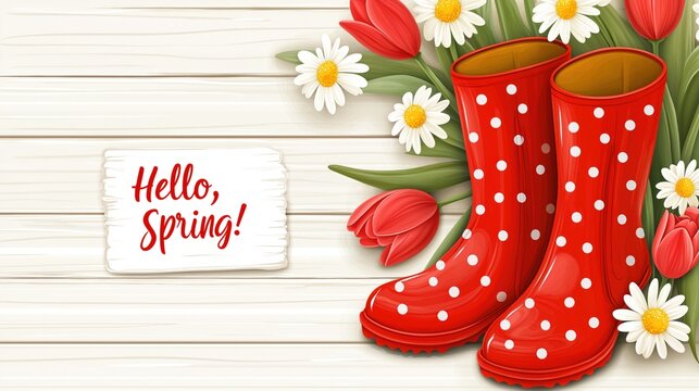 Pair of red polka dot rain boots surrounded by colorful tulips and daisies on white wooden surface
