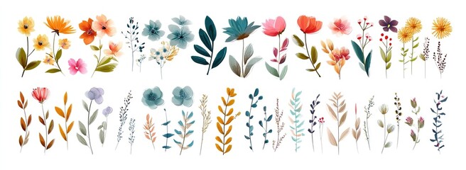 Set of floral elements. Romantic flower collection with flowers, twigs, leaves, herbs and berries. Vector design isolated on white background.