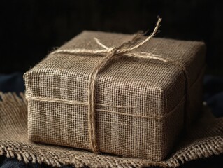 Rustic Burlap Gift Box Tied with Twine Close Up Detail Shot Brown Packaging