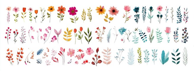 Set of floral elements. Romantic flower collection with flowers, twigs, leaves, herbs and berries. Vector design isolated on white background.
