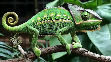 Obraz premium Green chameleon perched on a branch amidst lush foliage; terrarium background; ideal for nature documentaries or reptile-themed websites