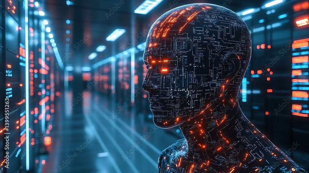 Poster digital sentinel: a futuristic robotic figure stands guard within a high-tech data center, its form 