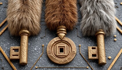 Envision a digital tapestry interwoven with gleaming metallic keys, symbols of access and control in a technologically advanced realm The intricate circuitry beneath hints at complex systems and