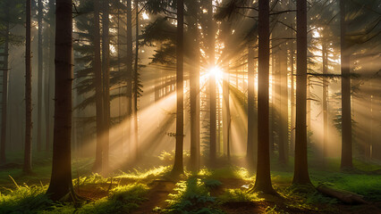Forest Sunset with Light Rays Through Trees