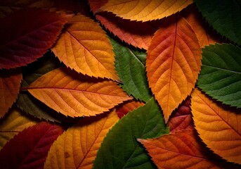 Artistic autumn leaves in orange, red, gold, and deep green with velvety texture &ndash; dense layered fall forest floor