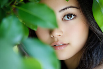 A beautiful woman hiding behind a tree, a close-up of her face and eyes