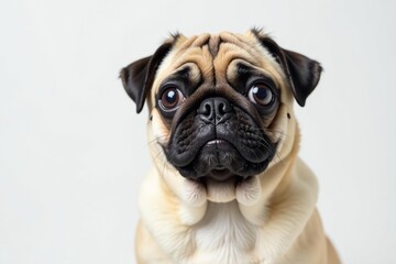 Charming pug with expressive eyes, alone against bright white backdrop, brachycephalic, pet photography