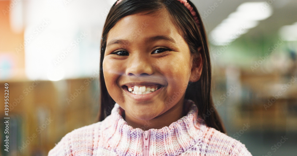 Poster excited, education and portrait of child in library for learning, studying or development with liter