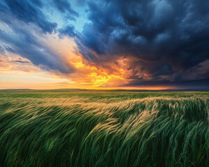 Obraz premium Dramatic Sunset Over Green Wheat Field Stock Image Moody Landscape Photography